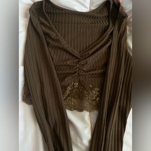 Brown Ribbed Long Sleeve Top with Lace Trim